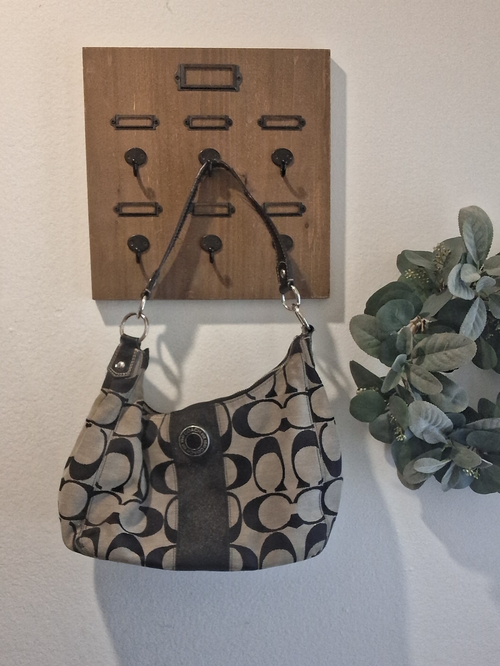 Coach Monogram Canvas Shoulder Bag in Beige and Black